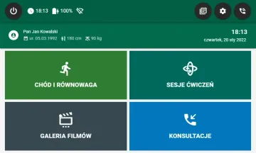 Ekran główny aplikacji: chód i równowaga, sesje ćwiczeń, filmy i konsultacje