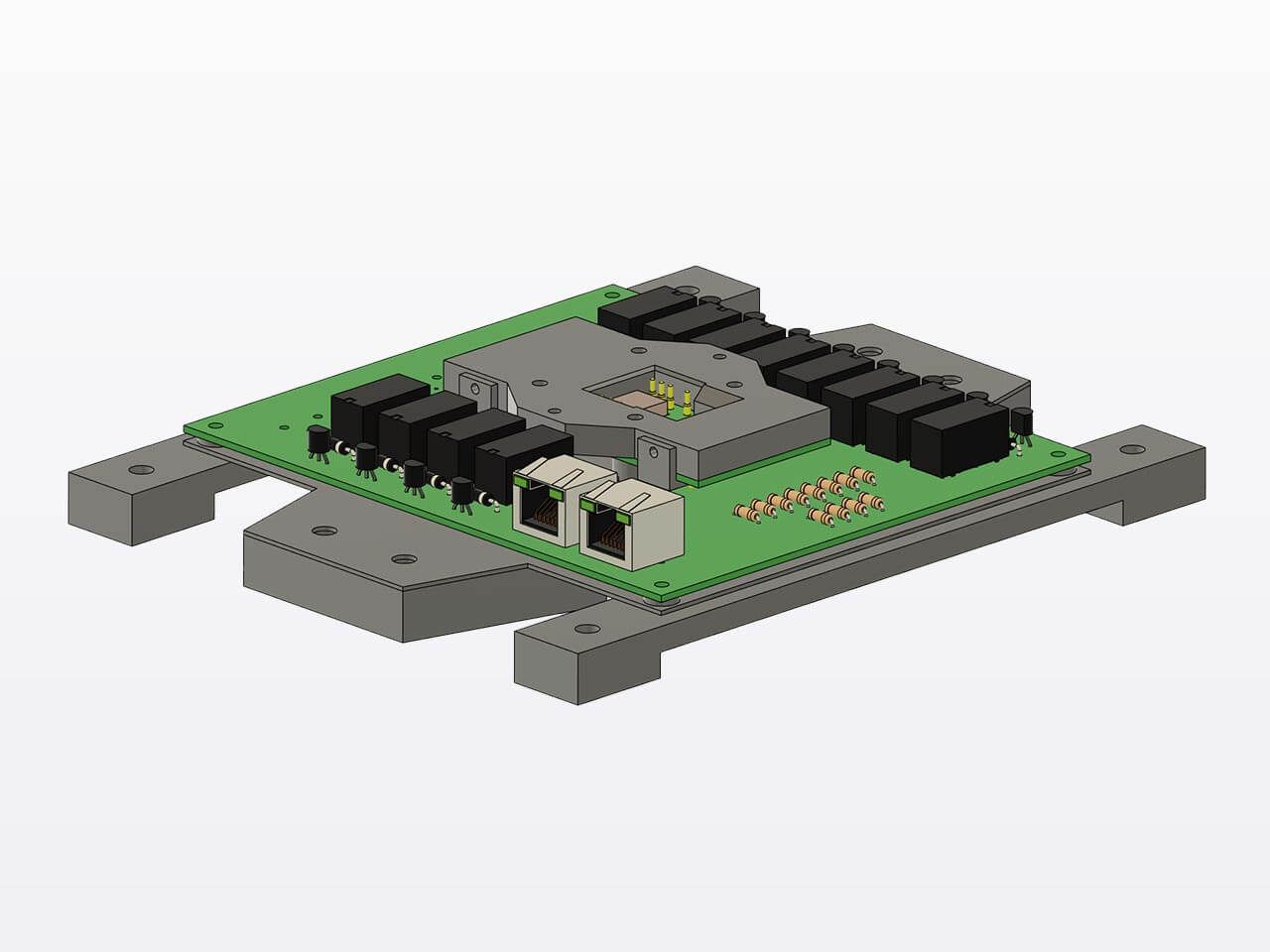 3D model of a green printed circuit board with mounted electronic components