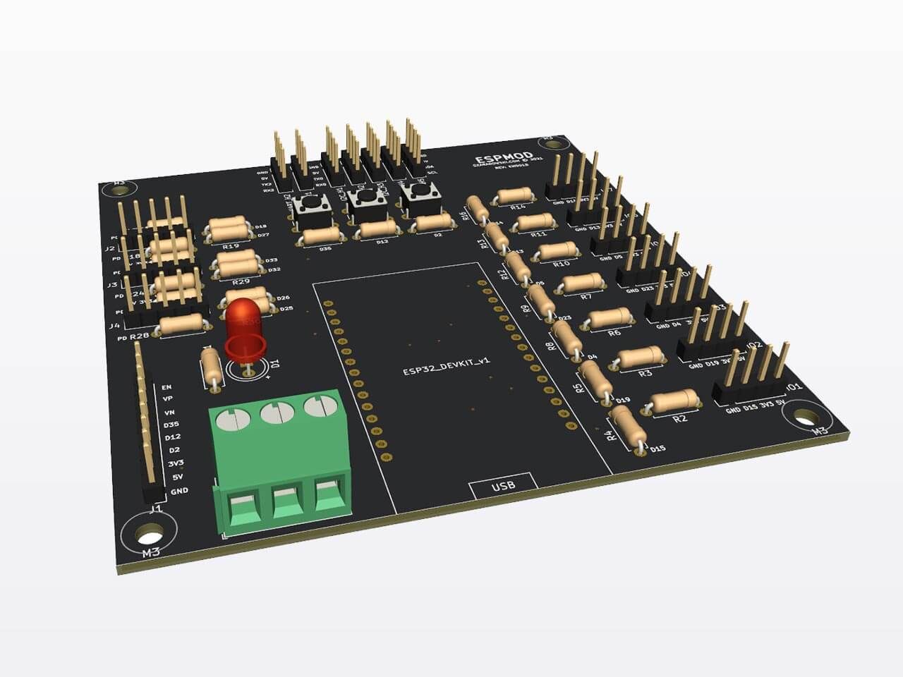 3D model of an electronic circuit board with an ESP32 microcontroller socket and pin connectors