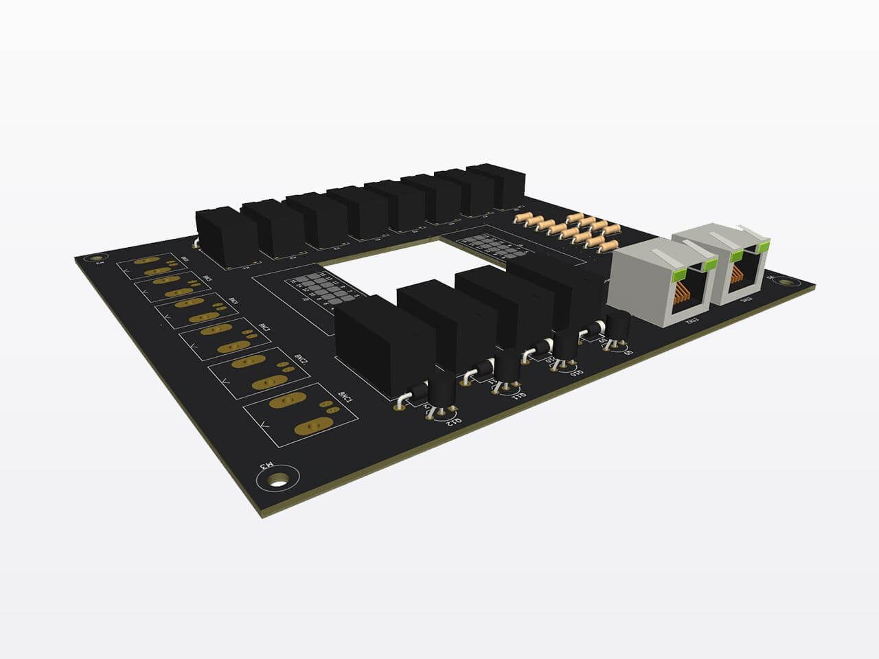 3D render of an electronic circuit board with relays, gold pin connectors, and power connectors