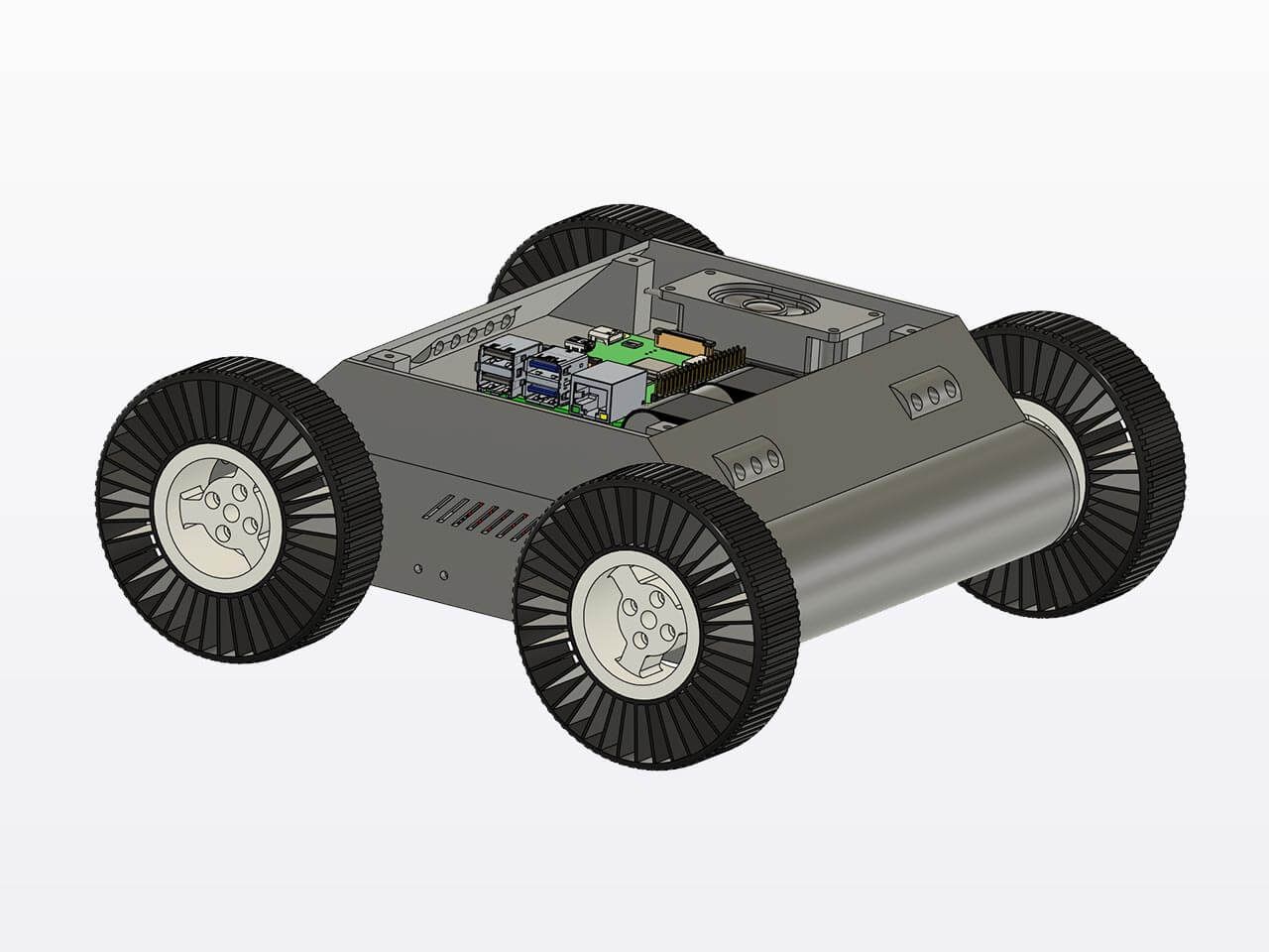 3D model of a small robotic vehicle with four wheels and a visible green circuit board on top