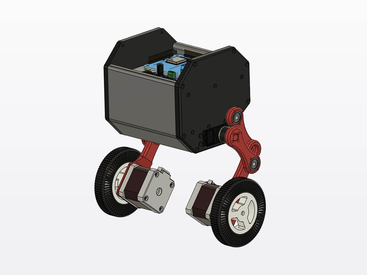 Self-balancing mobile robot with a black body, red arms, and two wheels