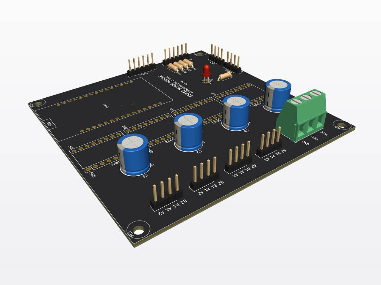 Electronic circuit boards with capacitors, resistors, a red LED, and connectors